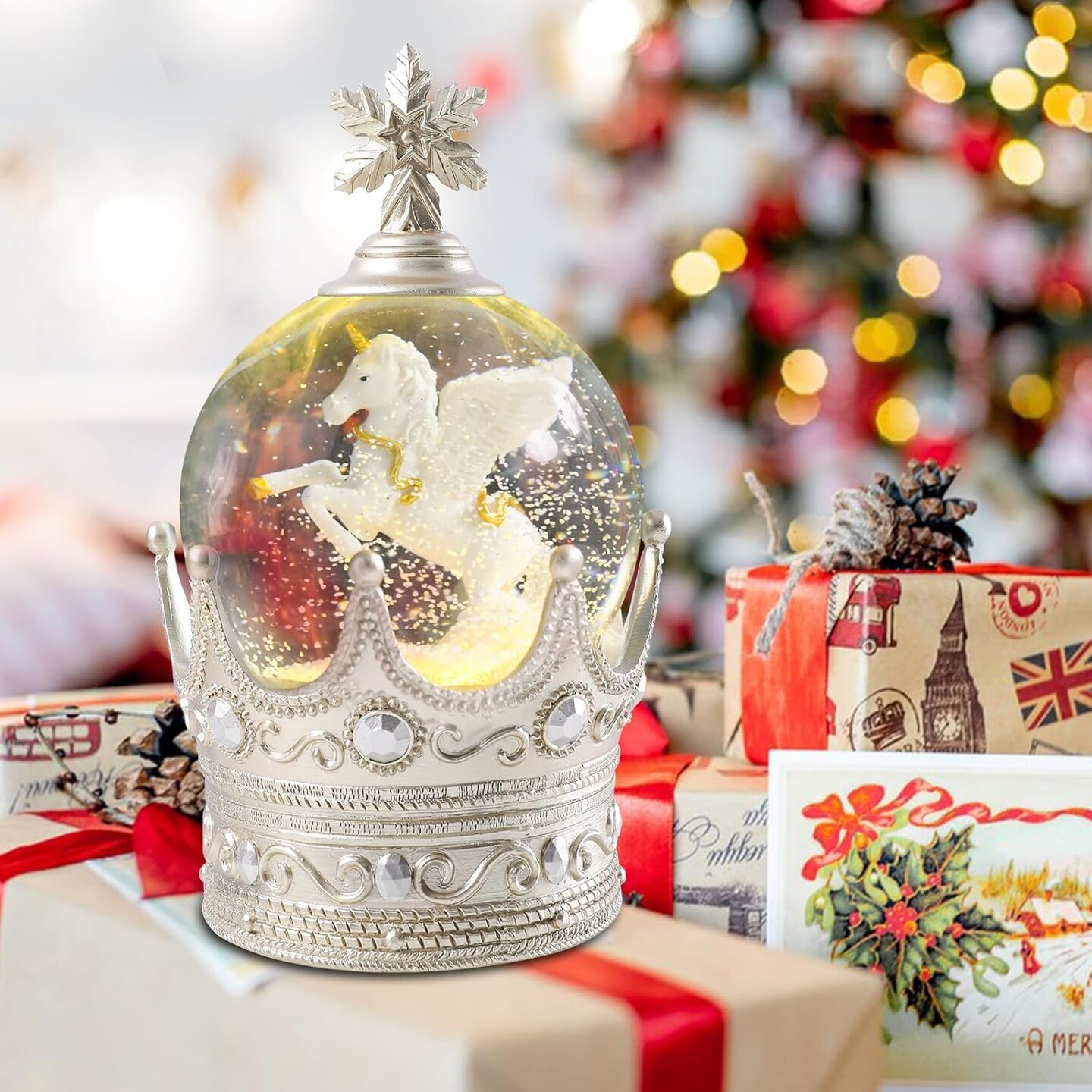 Christmas Snow Globe, Crown White Horse Musical Snowglobe with Swirling Glitter Snowflakes Lighted Christmas Decorations Tabletop Home D&#xE9;cor