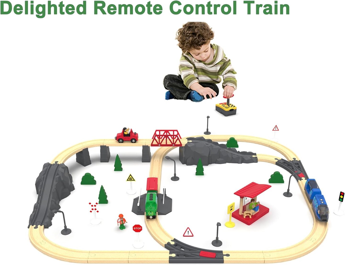 Wooden Train Accessories Battery Operated Locomotive Train, Remote Control Train for Track Set, Powerful Engine Train Vehicles Fit All Major Brands Track Railway System (Battery Not Included)