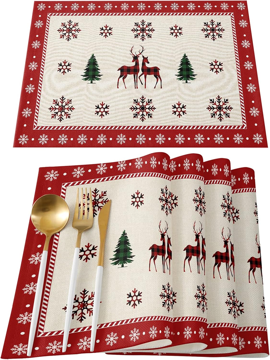Christmas Placemats Set of 6, Reindeer Xmas Tree Placemats for Dining Table, Snowflake Merry Christmas Cotton and Linen Table Mats Washable for Kitchen, Party, Wedding Decor, 13 x 19 Inches