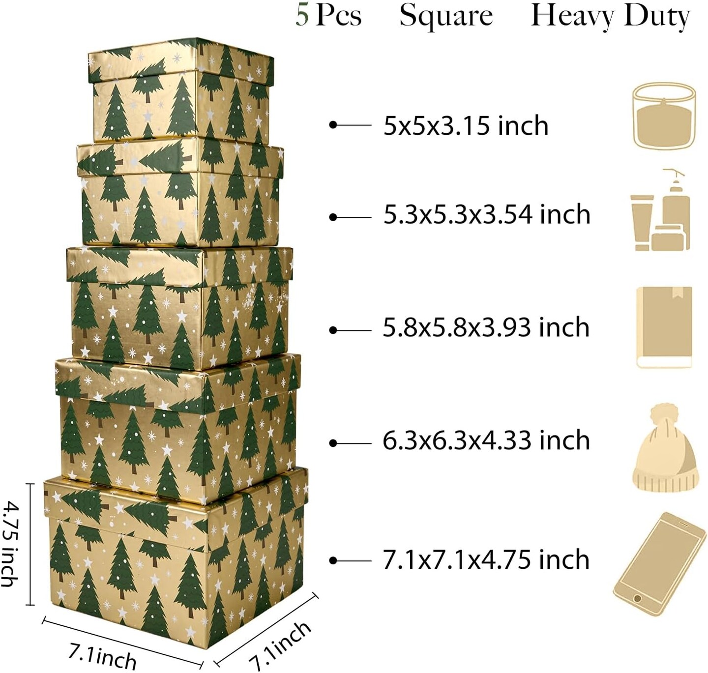 5PCS Christmas Nesting Gift Boxes Set, Gold Foil Green Xmas Tree Flat Square Cardboard Nested Box with Lid, for Gift Wrapping Holiday Present Birthday, Assorted Size
