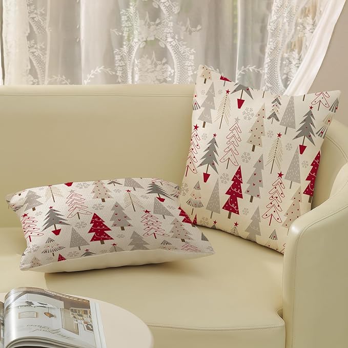 Christmas Pillow Covers 18x18 Set of 2 Christmas Decor Linen Pillowcase Geometric Colorful Christmas Tree Throw Pillows Winter Farmhouse Holiday Decorations Cushion Covers for Couch Home Sofa