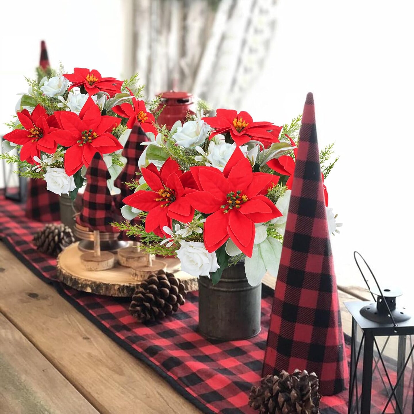 Poinsettia Bouquets Cemetery Flowers for Grave Christmas Winter Floral Arrangement with Faux Pine Needles for Home Dinging Kitchen Xmas Table Decor