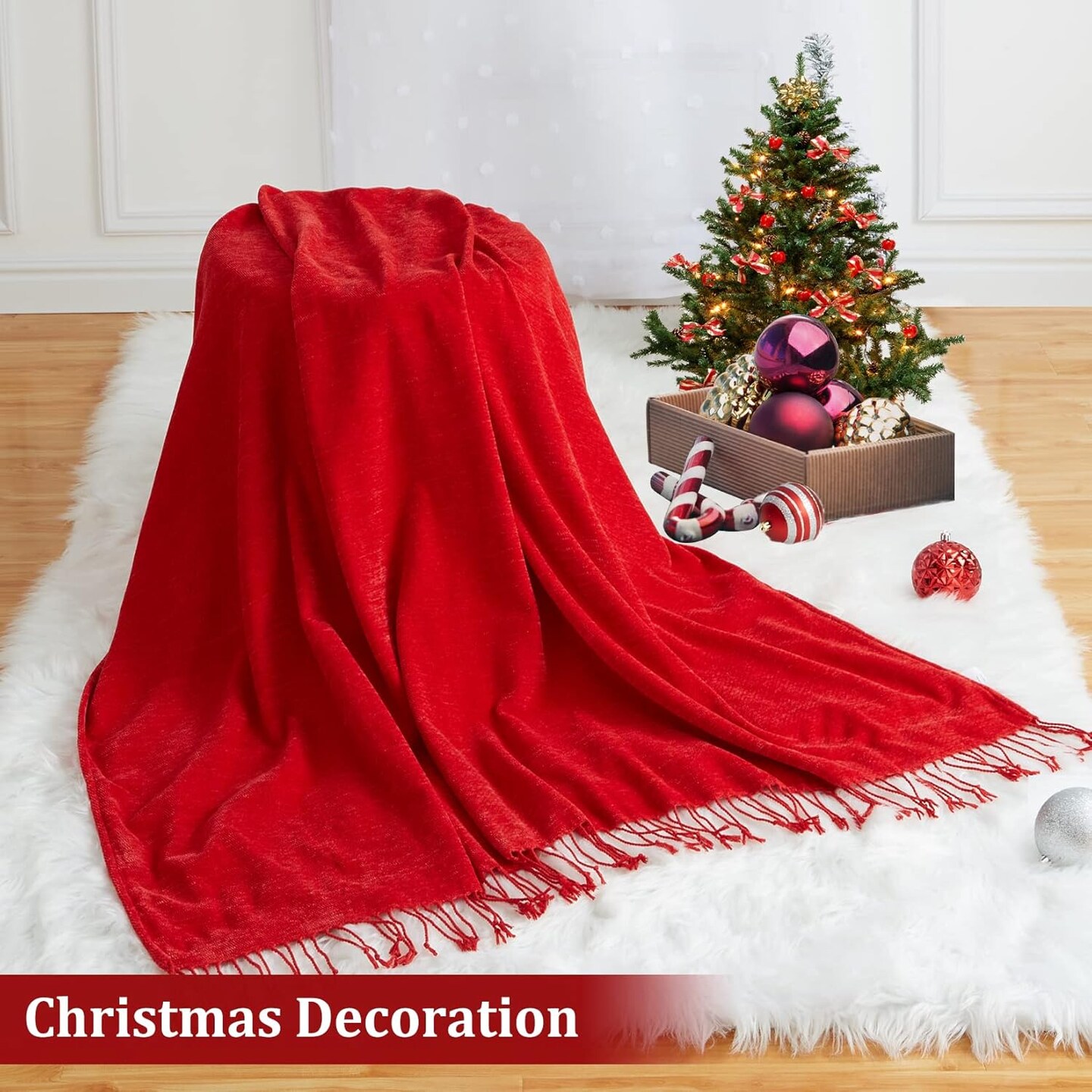Christmas Red Throw Blanket for Couch, Soft Chenille Throw Blankets with Decoration Tassel, Velvety Texture Knitted Throw for Home Couch Sofa Chair Bed (Christmas Red, 50 x 60 Inches)
