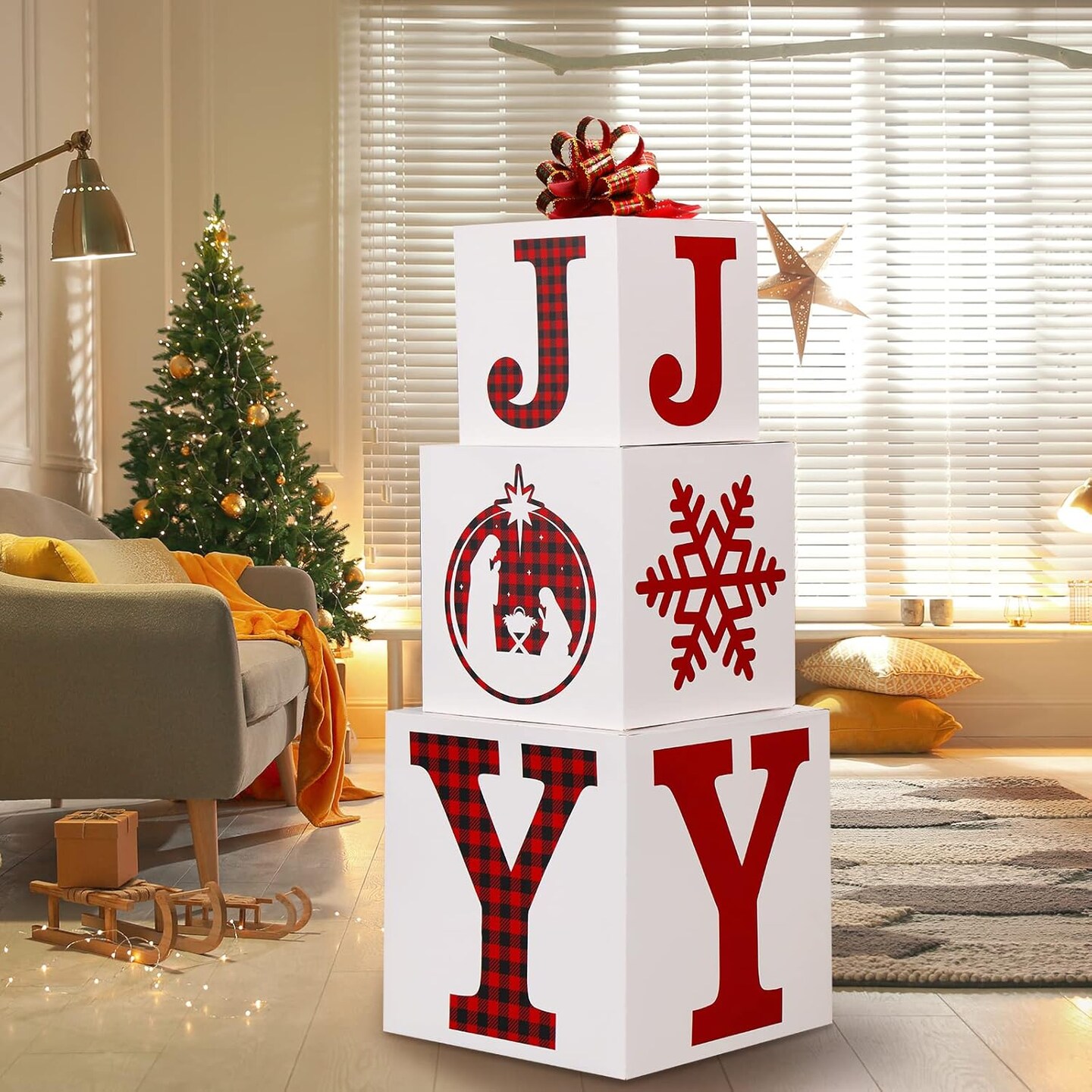 4 Pieces Christmas Nesting Gift Box Christmas Stackable Box Large Joy Christmas Boxes for Present Xmas Stacking Gift Box Decorations for Christmas Wrapping Party Favor