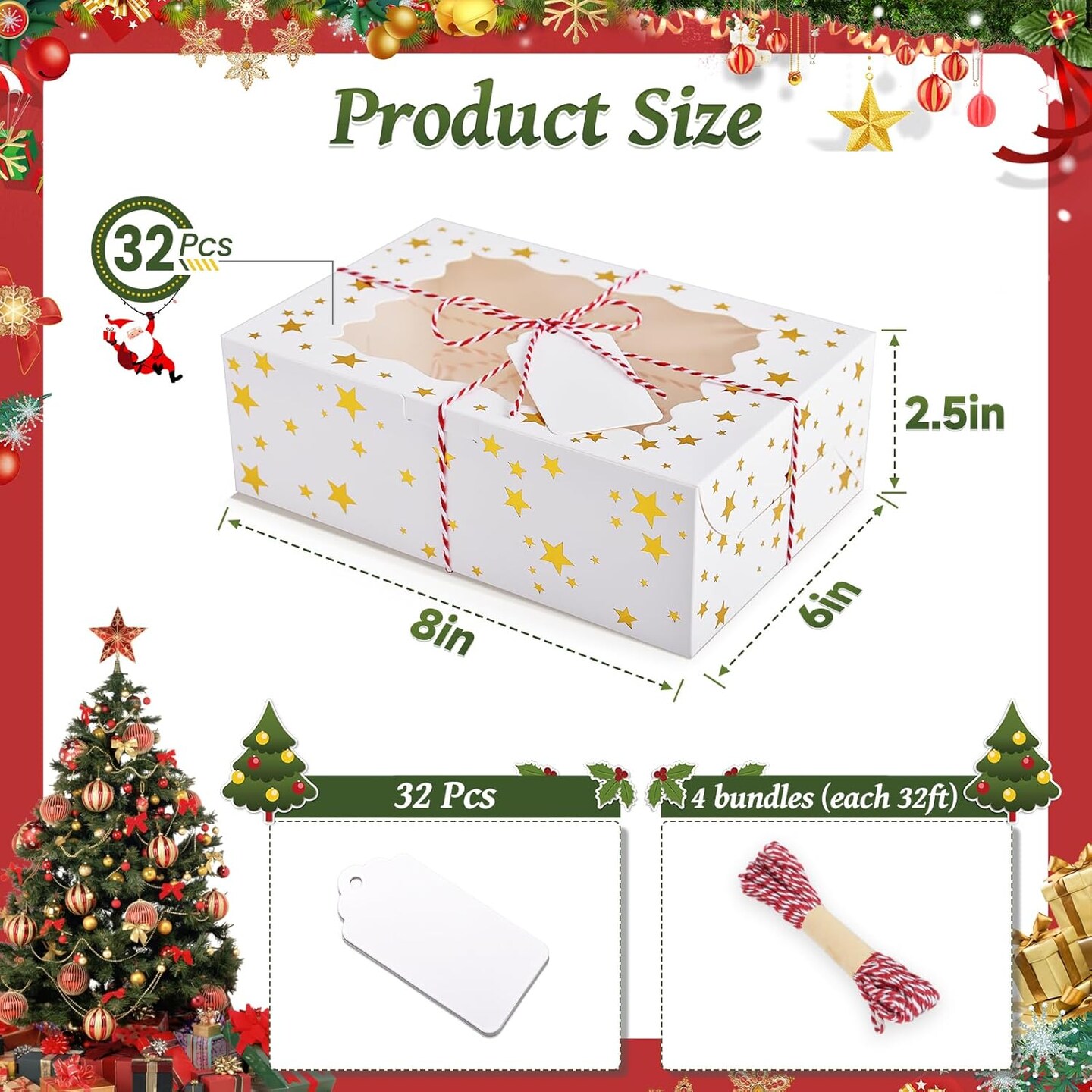 32Pcs 8x6x2.5 in Christmas Cookie Boxes with Window, White Bakery Boxes for Cookie, Treat Boxes Pastry Boxes for Gift Giving, Chocolate Covered Strawberries, Dessert, Donut, Cupcakes Muffins