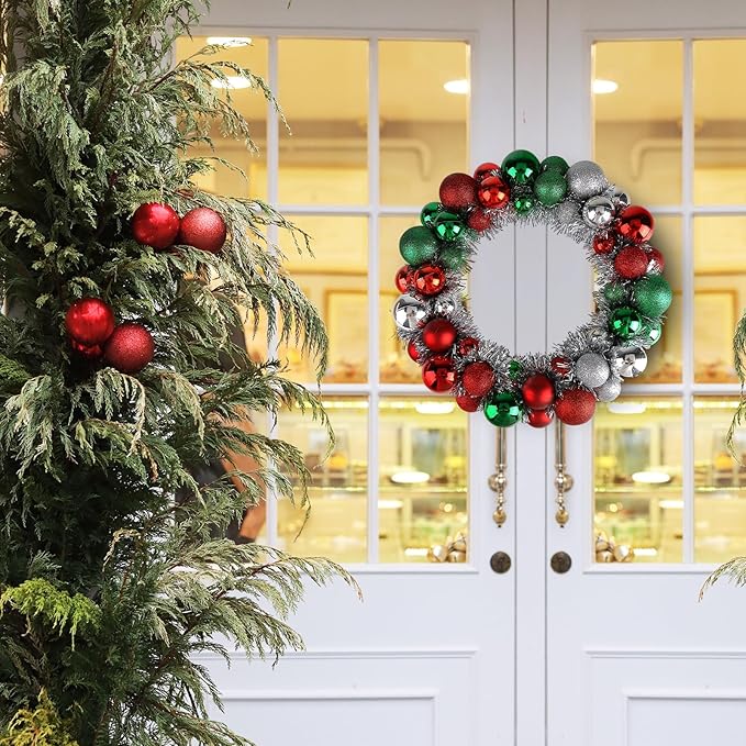 13in/33cm Christmas Ball Wreath Ornament, Red Green Silver Christmas Decoration, Home Party Front Door Decorative Shatterproof Hanging Xmas Decors