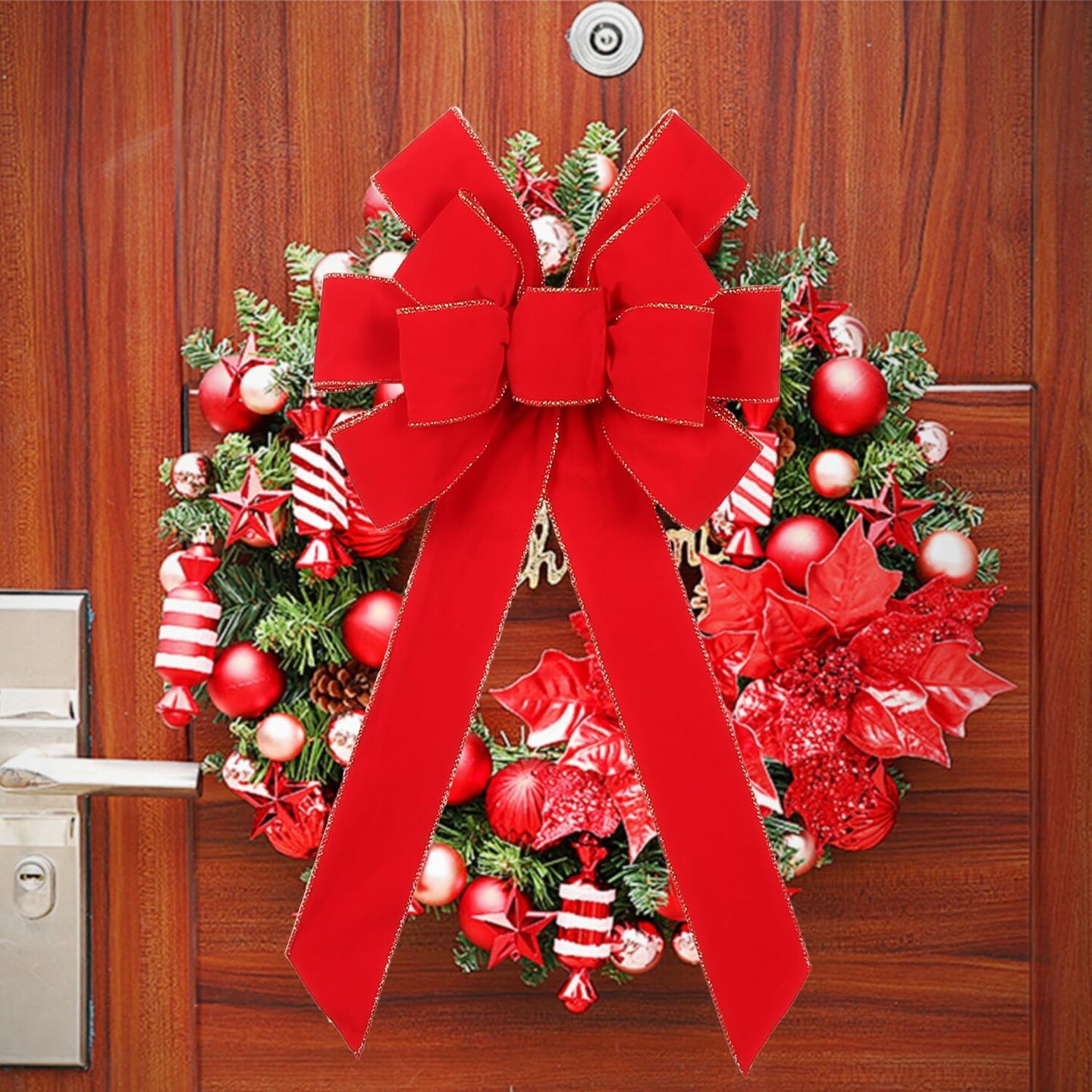 Christmas Wreath Bows, Velvet Wreath Bow with Glitter Gold Edge, 12 * 22&#x2018;&#x2019; Holiday Bow for Front Door Indoor Outdoor Tree Topper Home Decoration