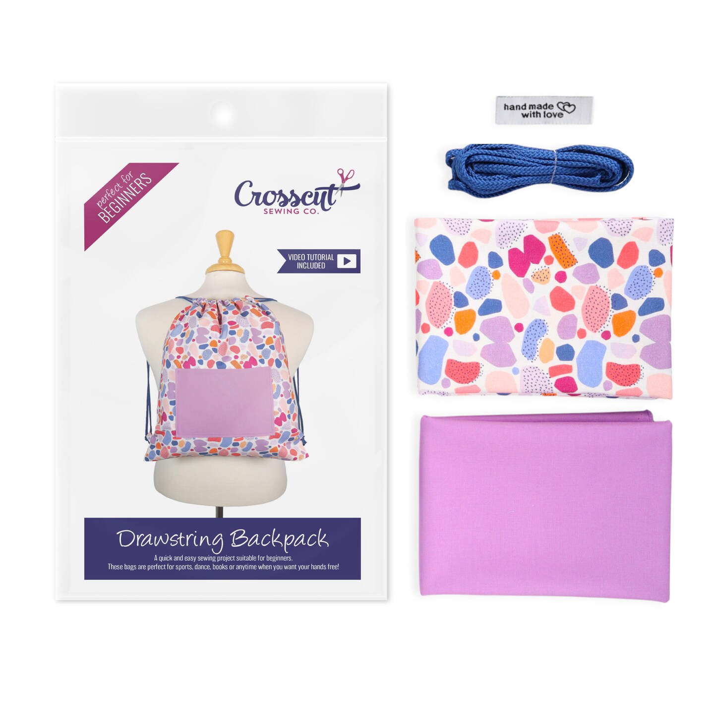 Crosscut Sewing Co.&#xAE; Drawstring Backpack Sewing Project Kit - Beginner Sewing Kit - Sewing Kit for Kids