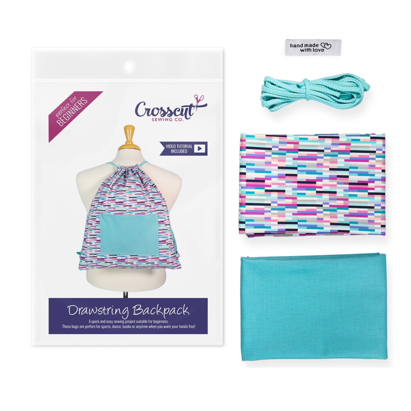 Crosscut Sewing Co.® Drawstring Backpack Sewing Project Kit - Beginner Sewing Kit - Sewing Kit for Kids