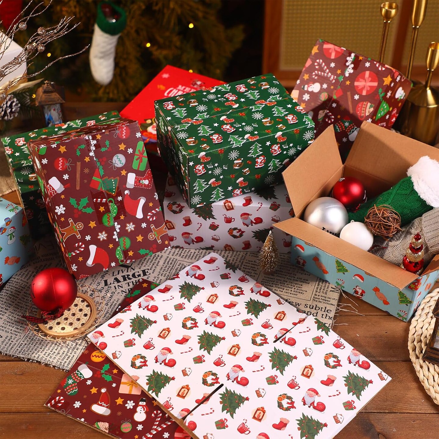 20 Pack Christmas Shipping Boxes Christmas Gift Boxes Decorative 4 Designs Empty Recyclable Cardboard Xmas Mix Pattern Christmas Box for Wrapping Holiday Present Small Business(8 x 6 x 4 In)