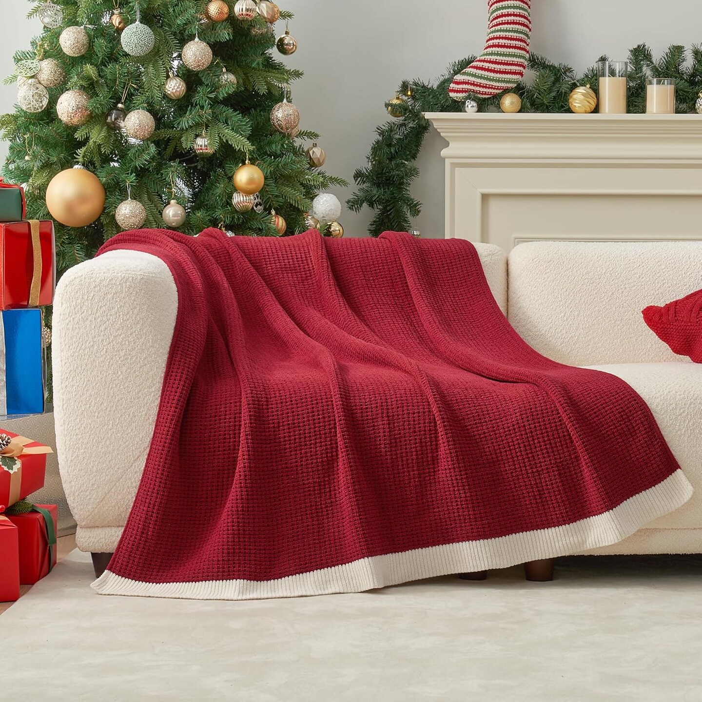 Home Chenille Christmas Waffle Throw Blanket for Couch, Reversible Soft Cozy Knit Blanket Lightweight Warm Xmas Decorative Throw for Sofa, Bed, Living Room, Christmas Red, 50 x 60 inch