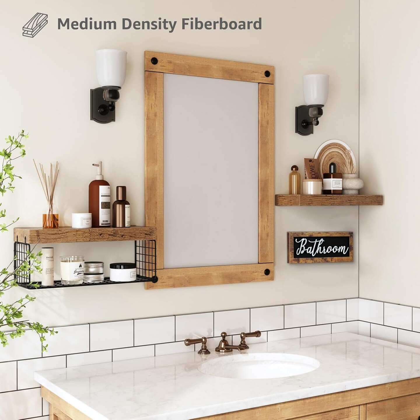 Bathroom Shelves Over Toilet Paper Storage Wall Mounted Farmhouse Decor Decorations Aesthetic D&#xE9;cor Sign Small Floating Wall Shelf 2+1 Set 16 inch, Rustic Brown (020BN)