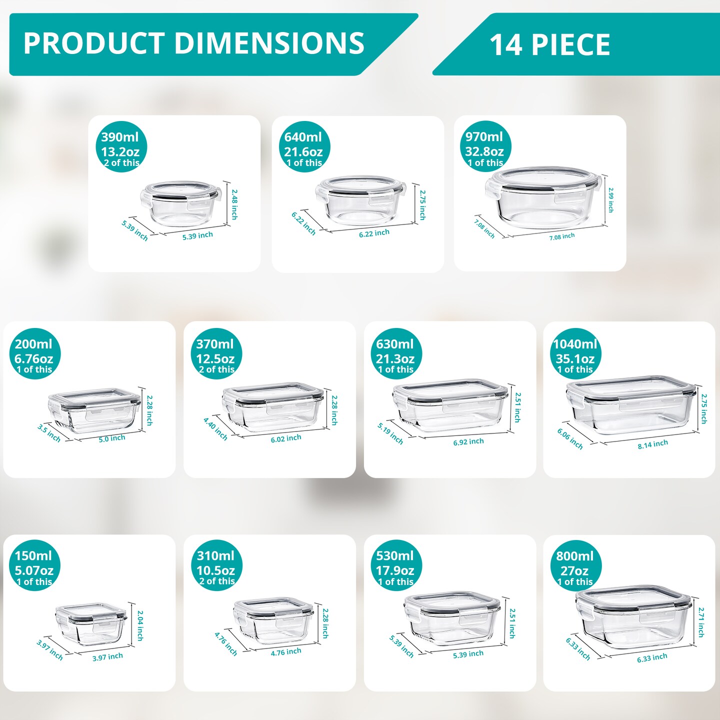 Sorbus Airtight Glass Meal Prep Containers, Dishwasher and Oven Safe Reusable Meal Prep Containers 28 Piece Set