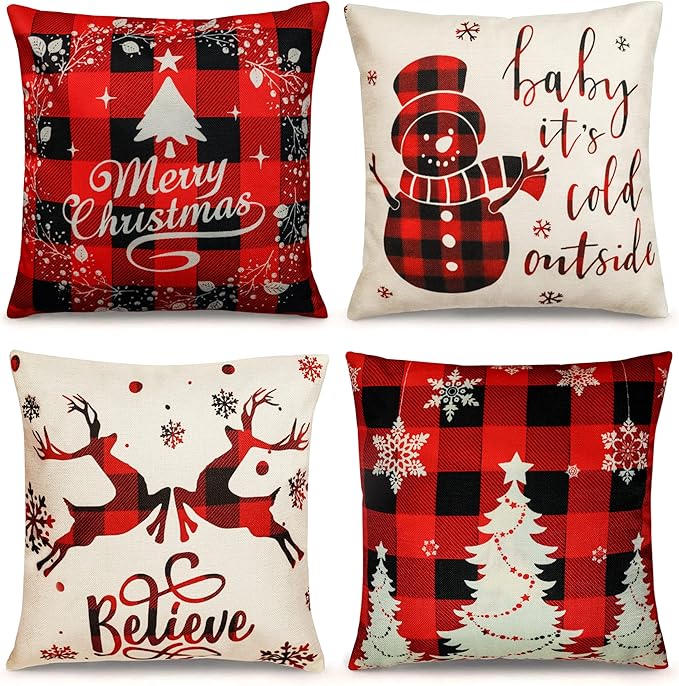 Christmas Pillow Covers 18&#xD7;18 Inch Set of 4 Farmhouse Christmas Pillow Covers Christmas Pillow Cases for Sofa Couch Christmas Decorations Throw Pillow Covers