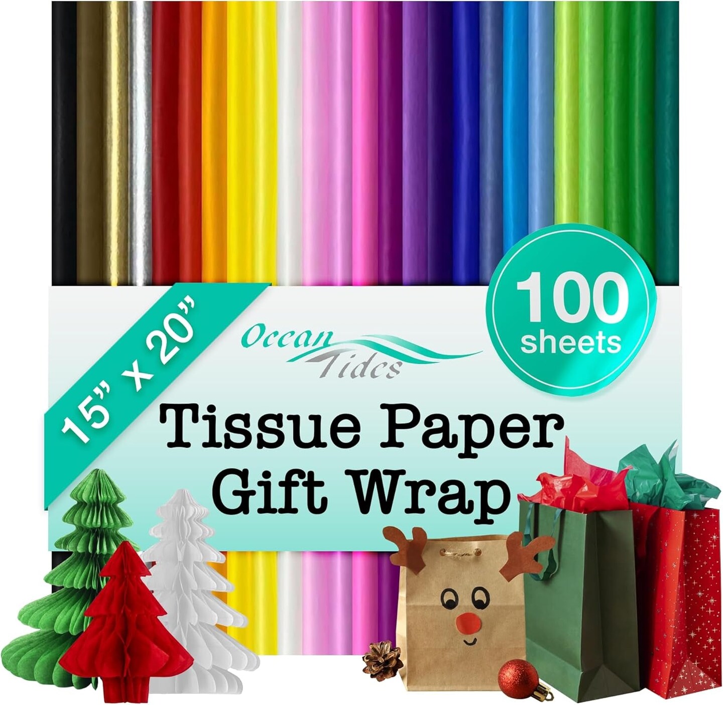 Tissue Paper Gift Wrap - 100 Sheets Bulk Tissue Paper for Gift Bags - Black, Blue, Fuchsia, Gold, Green, Orange, Pink, Purple, Silver, White, Yellow - Assorted Multicolor (15 X 20 Inches)