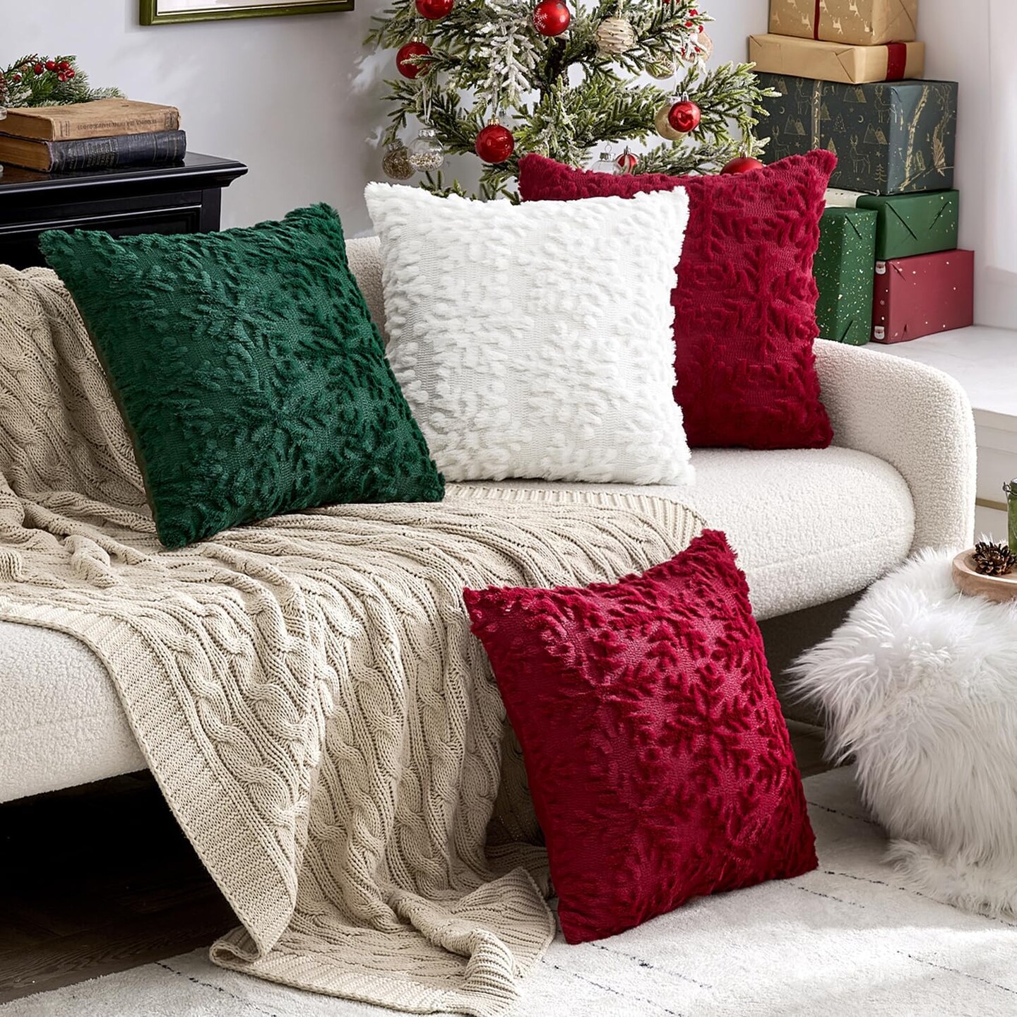 Pure White Throw Pillow Covers Set of 2 Christmas Snowflakes Decorative Pillow Covers 18x18 Inch Soft Plush Faux Wool Pillowcase Farmhouse Couch Pillows Home Decors for Sofa Livingroom Bed
