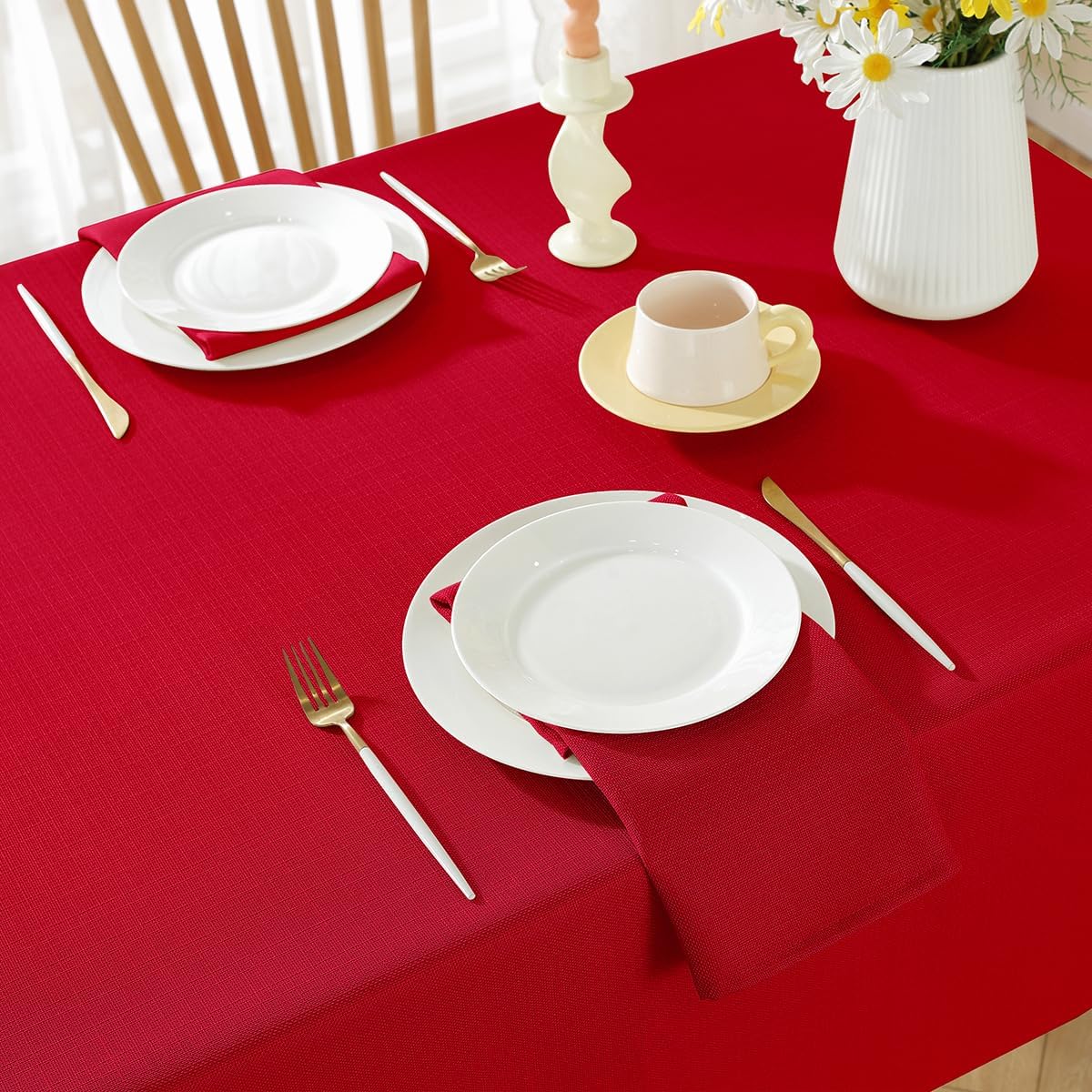Christmas Tablecloth Rectangle Waterproof Wrinkle Fee Textured Fabric Table Cloth, Soft Faux Linen Table Cover for Xmas, Holiday, Winter, Party, Banquet (52 x 70 Inch Rectangular, Red)
