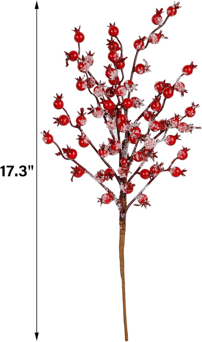 Artificial Christmas Berries Stems with Ice Snow Long Pomegranate Berry for Crafts Garland Home Party Christmas Decoration