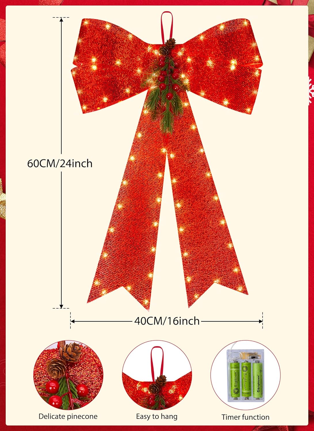 LED Red Bows Christmas Decorations, 16&#x27;&#x27; x 24&#x27;&#x27; Christmas Bows for Wreaths with Timer, Tree Topper Bow with Realistic Red Berries Pine Cone Needles for Christmas, Party, Home Decoration