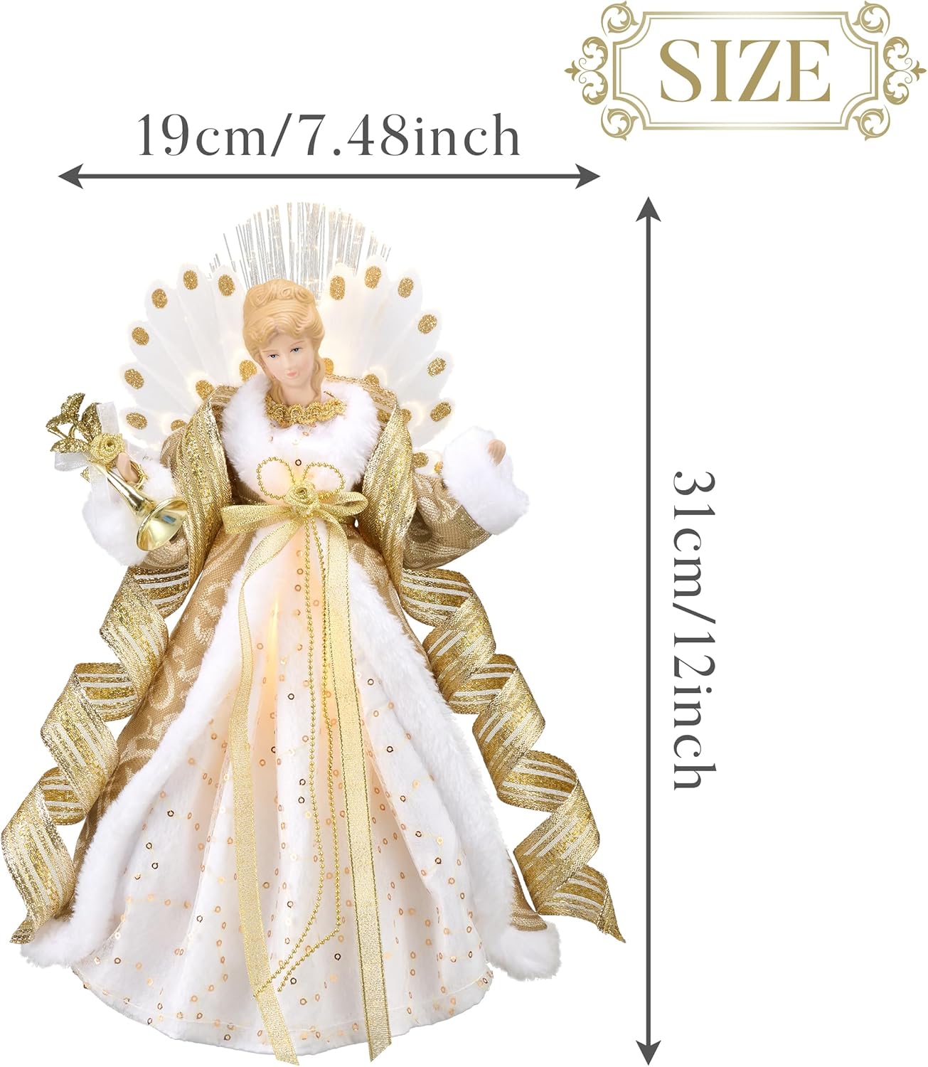 Lighted Christmas Tree Topper Angel with Timer, 12 Inch Luxury White Gold Fabric Small Angel Tree Topper with Lights for Christmas Tree Decoration Indoor, Battery Operated