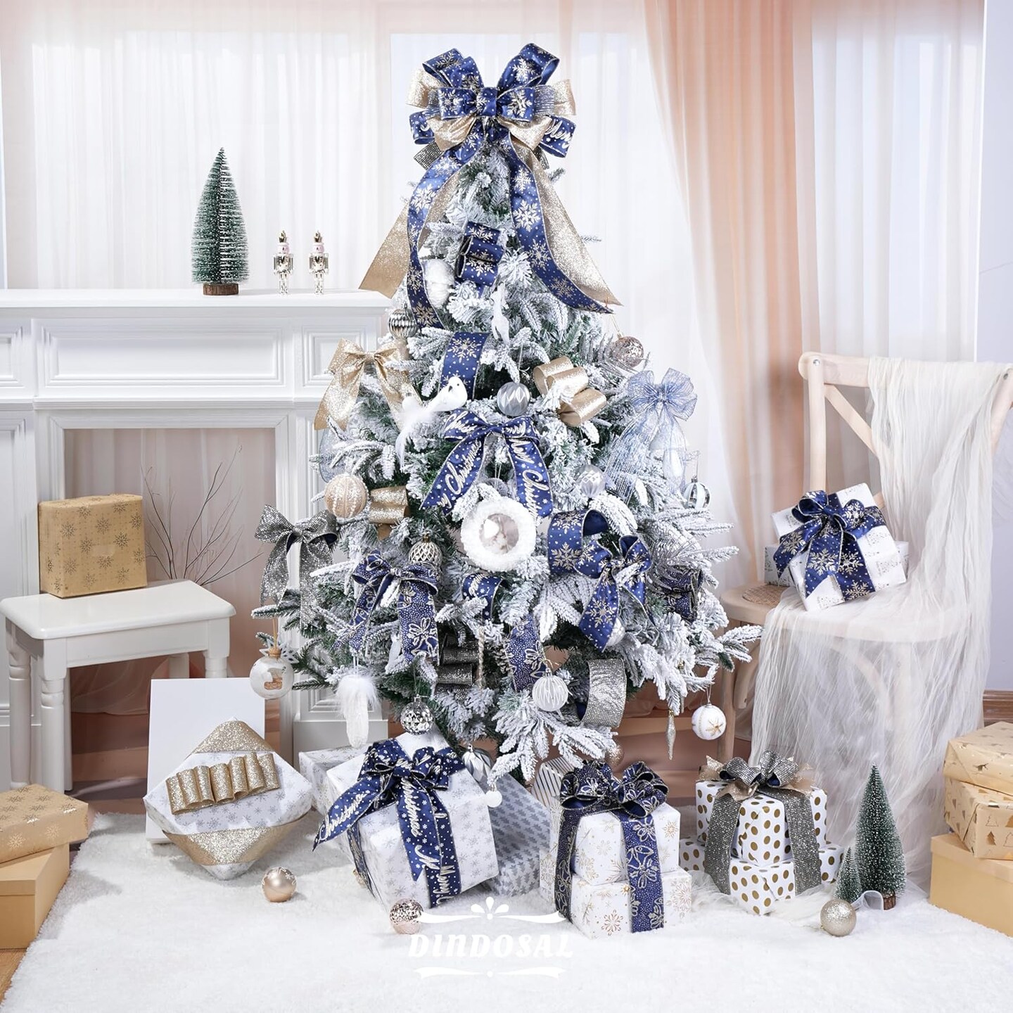 Navy Blue and Gold Christmas Tree Ribbon - 2.5 Inch Wired Ribbon, 6 Rolls for Wreaths, Bows, Decorations