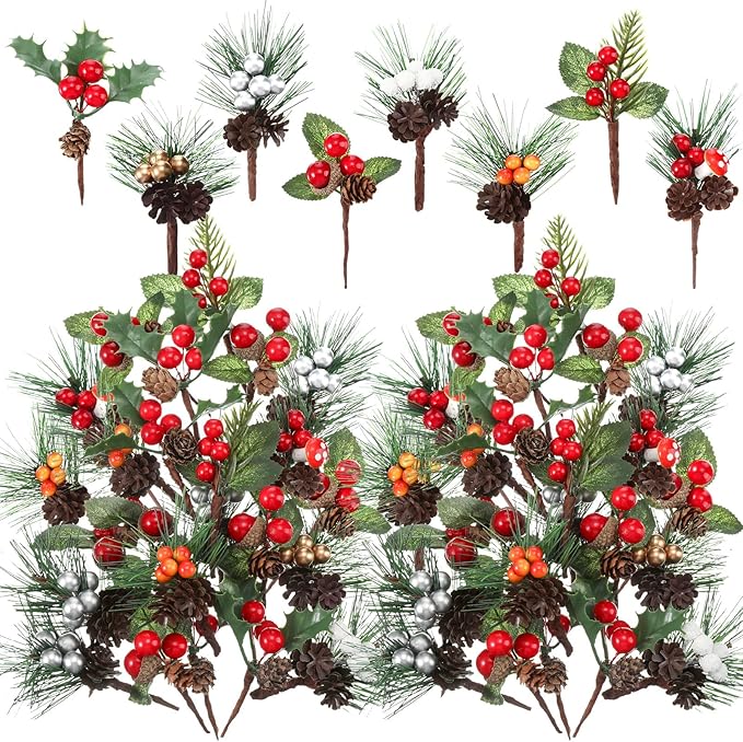 Picks Floral Pine Cones Sprays Wreath Christmas Decorations Berry Stem Branches with Holly Leaves for Xmas Tree Christmas Winter Holiday