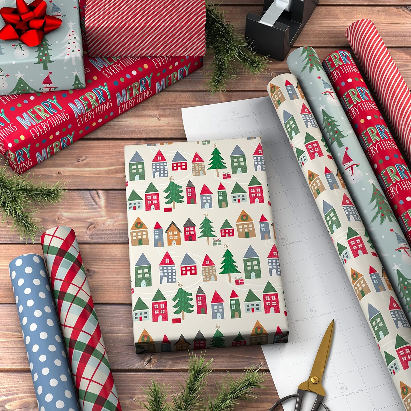 Cute Recyclable Christmas Wrapping Paper (6 Rolls: 180 Sq. Ft. Total) Red, Blue, Green Plaid, Merry Everything, Colorful Houses, Snowmen and Trees, Dots, Stripes