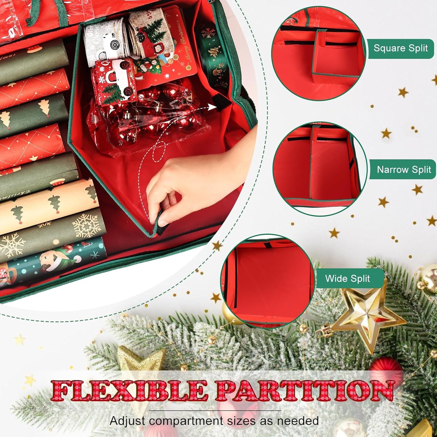 42&#x27;&#x27; Gift Wrap Organizer Christmas Wrapping Paper Storage Sturdy 600D Oxford Fabric Xmas Accessories Containers Bag Large Capacity Ornaments Storage Box (Red)
