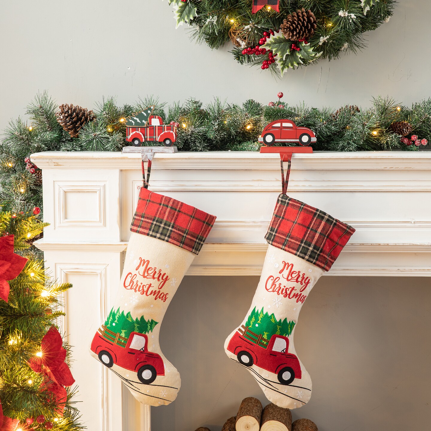 Set of 2 Wooden/Metal Red Car &#x26; Truck Stocking Holders