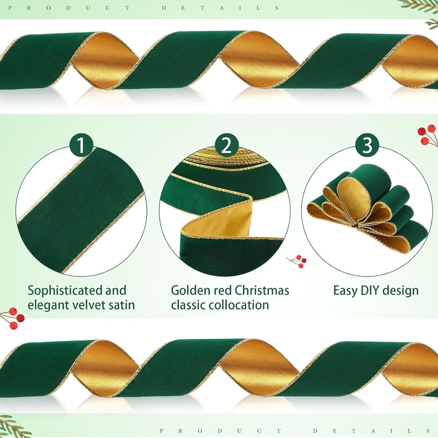 2 Rolls Christmas Velvet Ribbon Wired Gold Edge Ribbon Xmas Ribbon for Gift Wrapping Christmas Tree Wreath Bows Crafts Decor, Total 100 Yards(1.5 Inch x 50 Yard)
