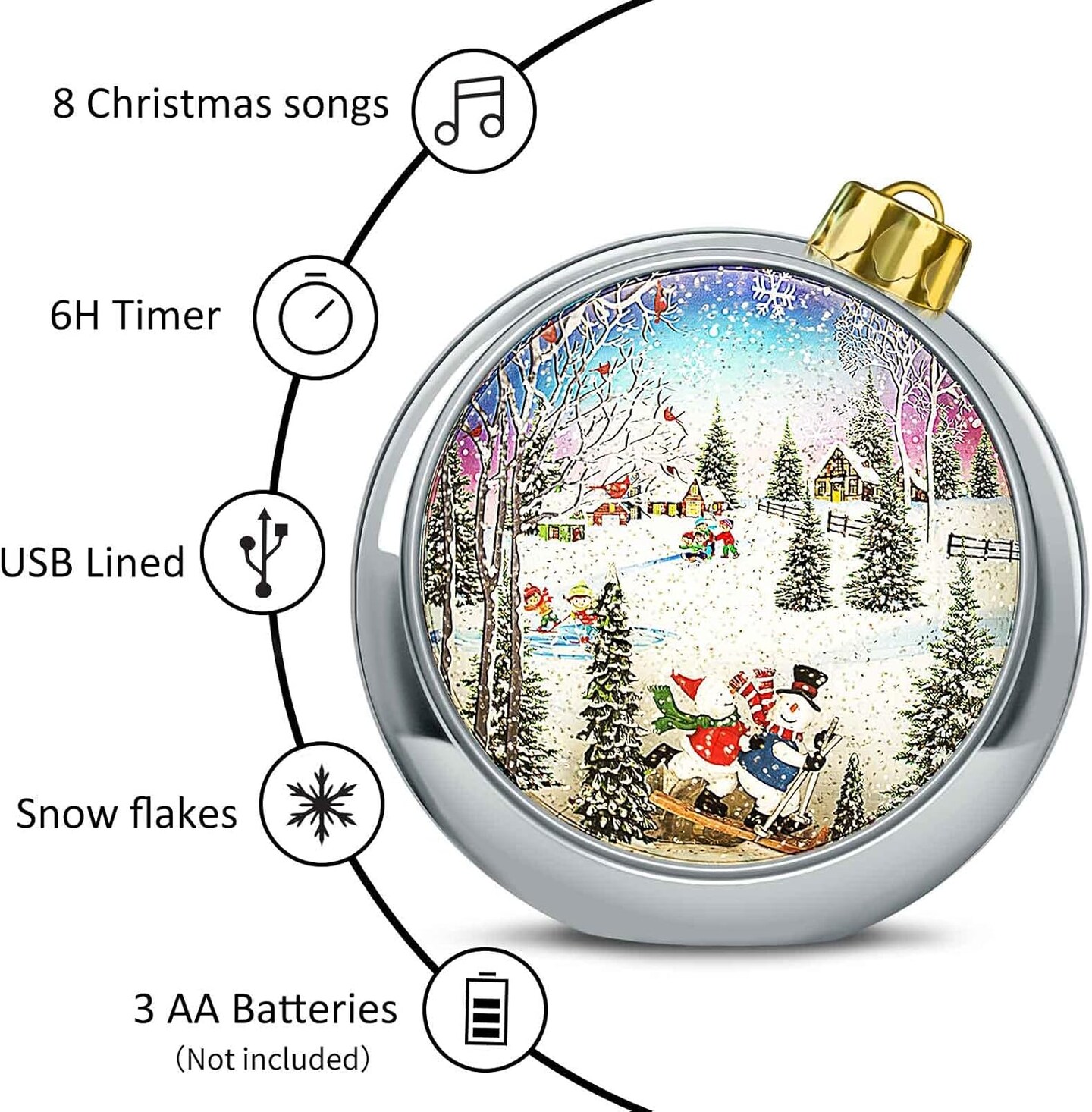 Big Christmas Snow Globes Lighted,6H Timer Snow Globes Bling Snow Globes Christmas Music Box 8 Songs, Silver Round Lantern with Xmas Tree