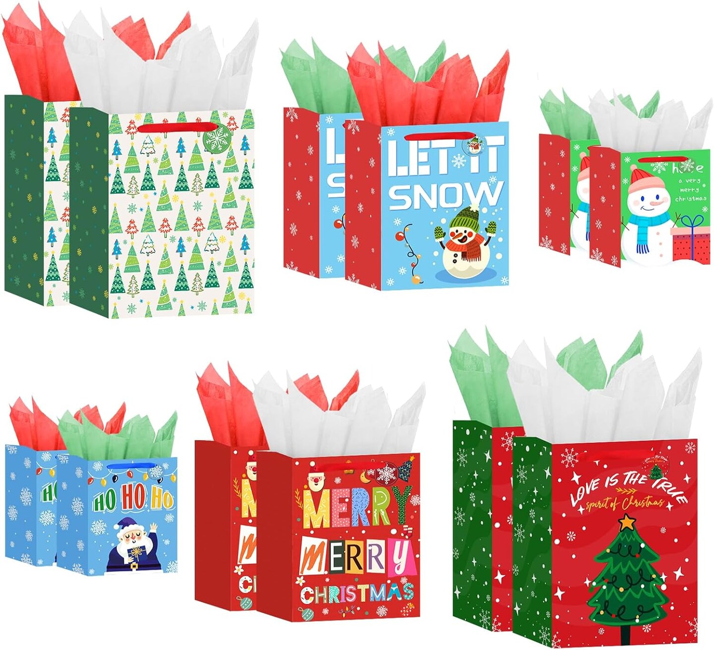 12 Pack Christmas Gift Bags with Carrying Handles and Tissue Paper - 6 Styles, 3 Different Sizes Gift Bag Sets for Wrapping Christmas Gifts (4 Extra-Large, 4 Large, and 4 Medium)