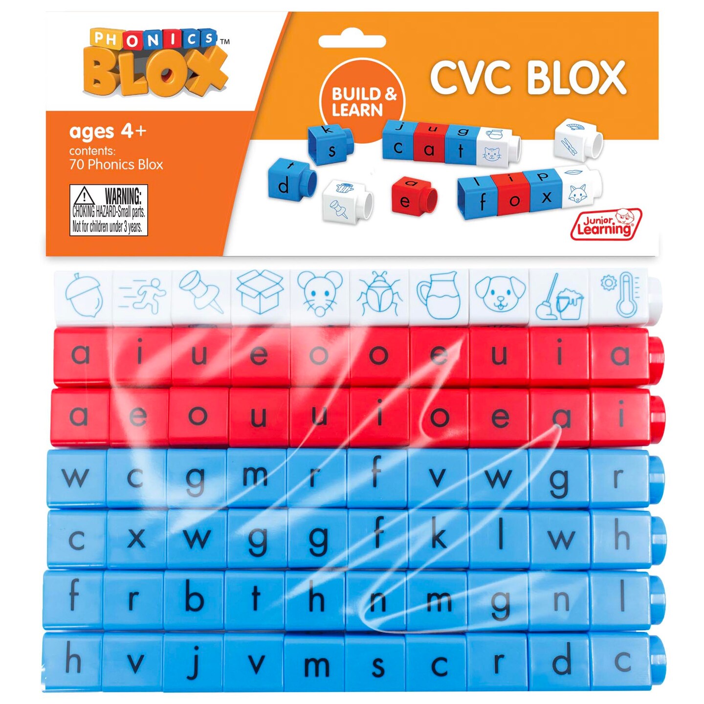 Junior Learning: Rainbow Phonics - CVC Blox Set - 70 Color-Coded Blocks, Children&#x27;s Build &#x26; Learn Set, Consonants, Turnable Short Vowels, Picture Blox