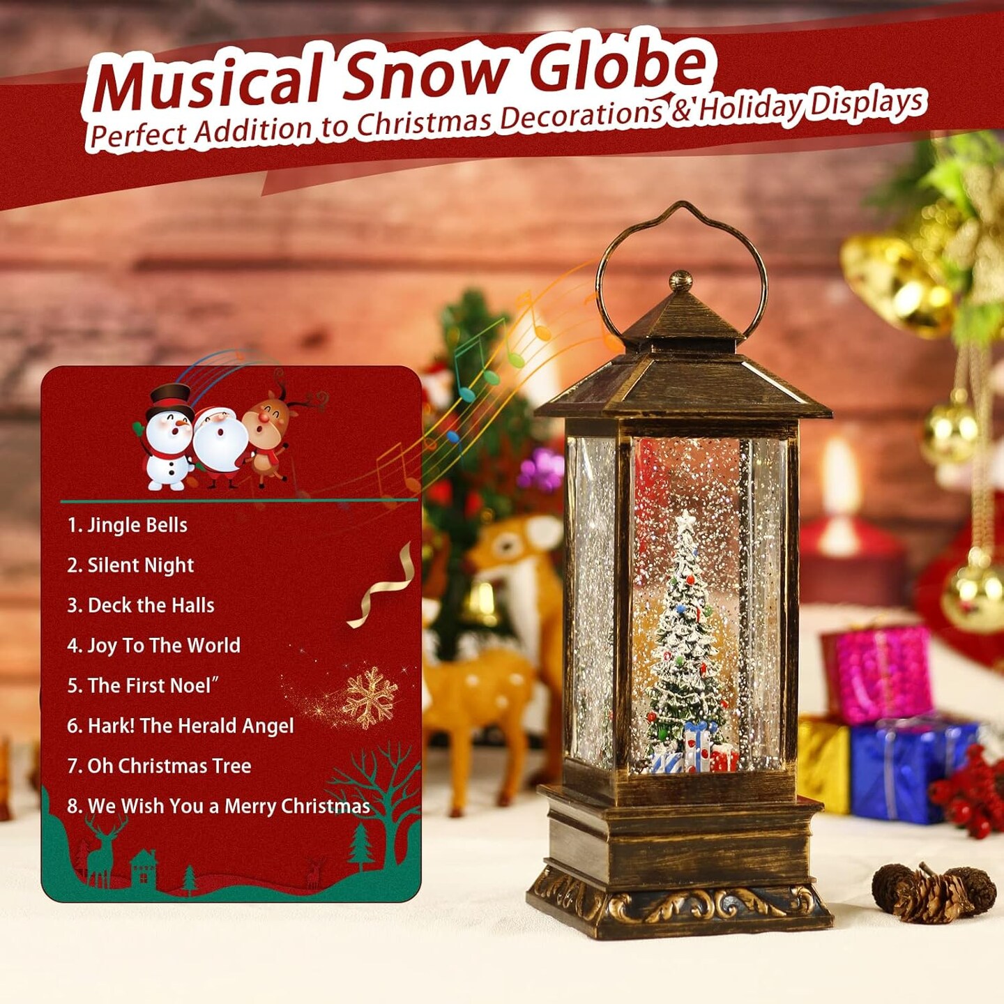 Snow Globe Christmas Lantern Decorations, Musical Snow Globe Lantern with Swirling Glitter, Christmas Tree Lighted Christmas Decorations Indoor for Home