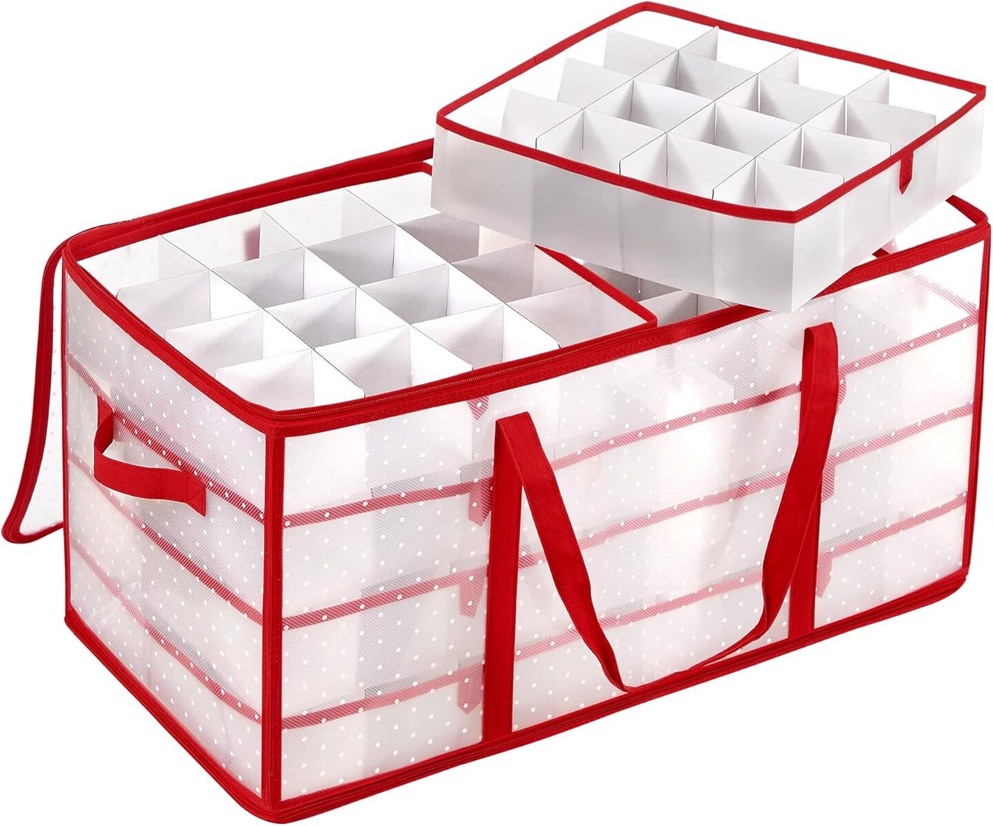 Large Christmas Ornament Storage Boxes, 3-Inch Balls, 8 Trays, 128 Slots, Plastic Christmas Storage Container with Lid, Dual Zippers, Side Handles, Cherry Red URFB029T01