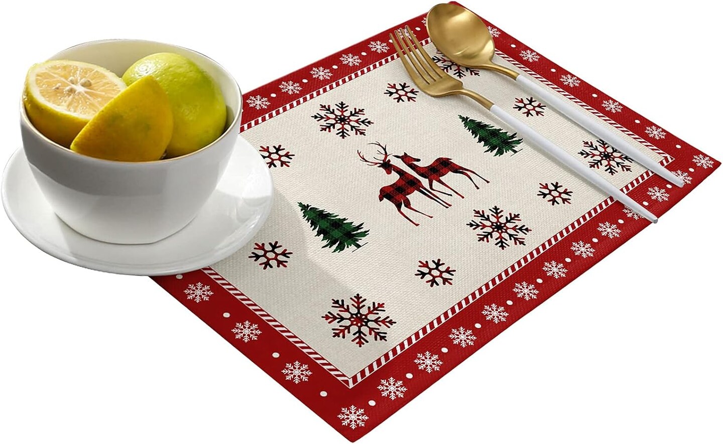 Christmas Placemats Set of 6, Reindeer Xmas Tree Placemats for Dining Table, Snowflake Merry Christmas Cotton and Linen Table Mats Washable for Kitchen, Party, Wedding Decor, 13 x 19 Inches