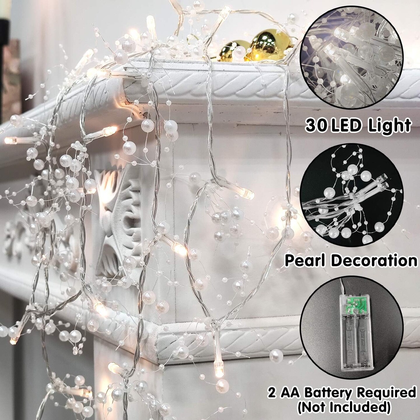 10 Ft 30 LED Christmas Garland with Lights Timer Lighted Beaded Garland Christmas String Lights Battery Operated Lighted Christmas Garland Xmas Garland Decor for Home Mantle Fireplace Table