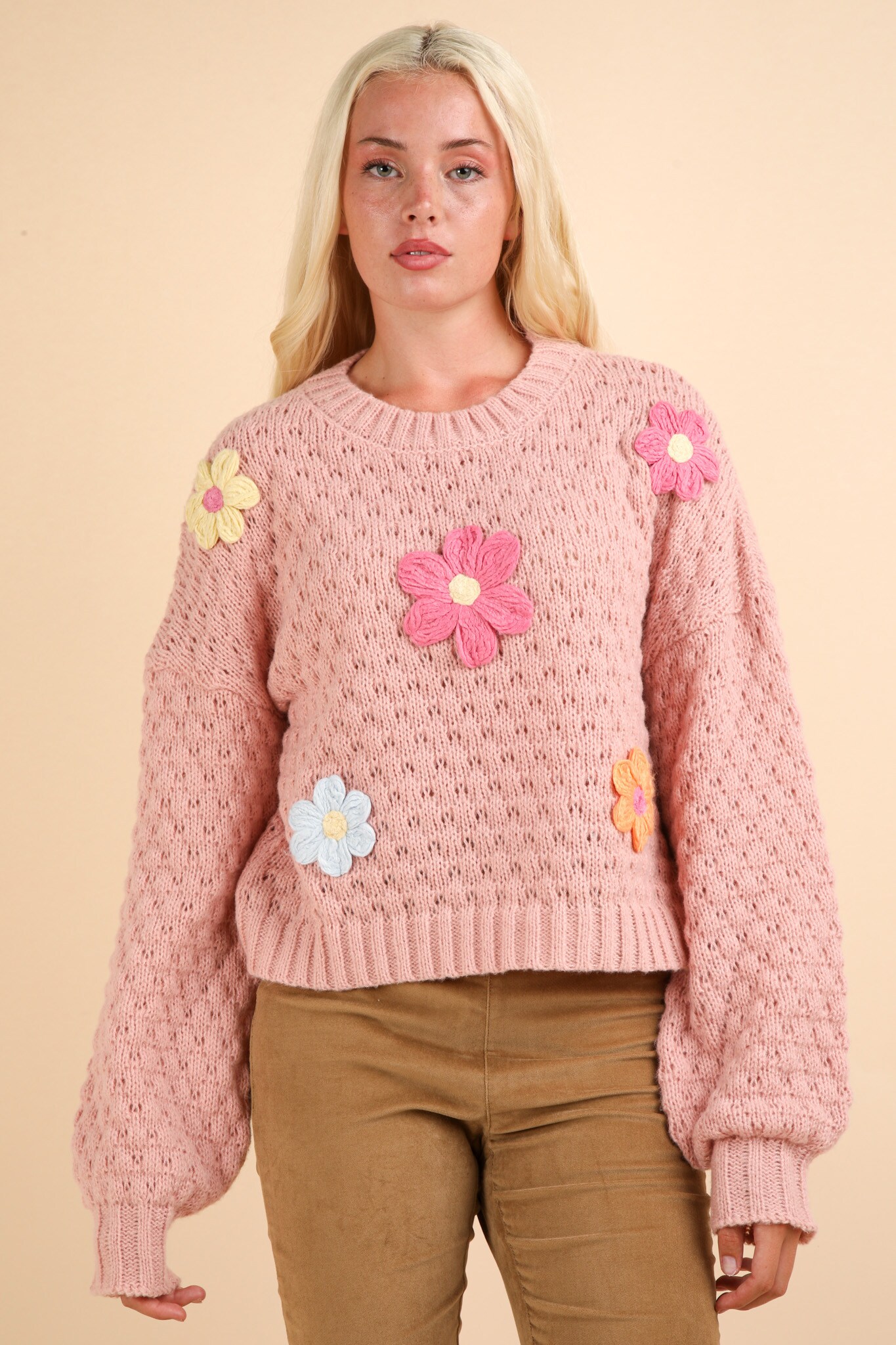 Hand Made Flower Applique Oversized Knit Sweater Top, Size: S