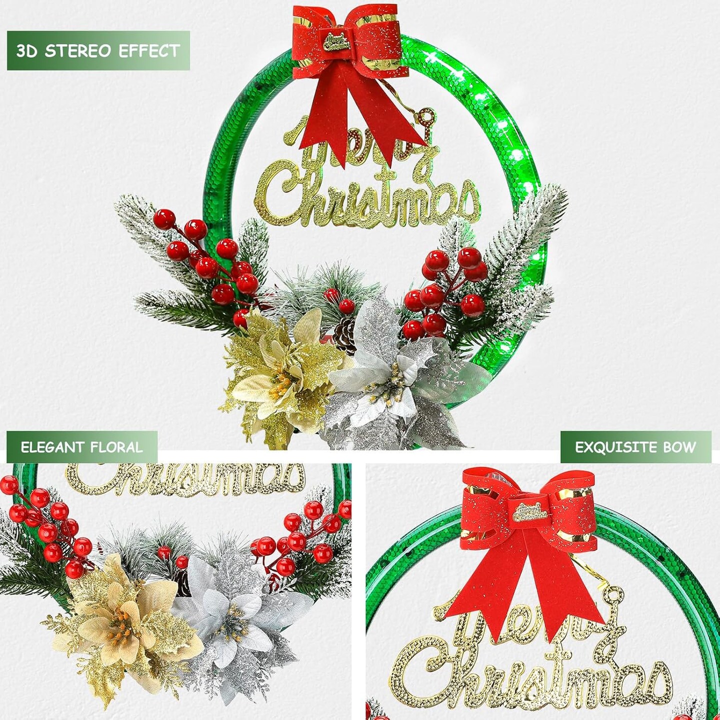 Christmas Wreath with LED Lights, 11&#x27;&#x27; Light Up Christmas Wreath Decorations Indoor, Flowers Picks, Green Prelit Small Reef Garland for Front Door, Windows, Battery Operated/Charging Port