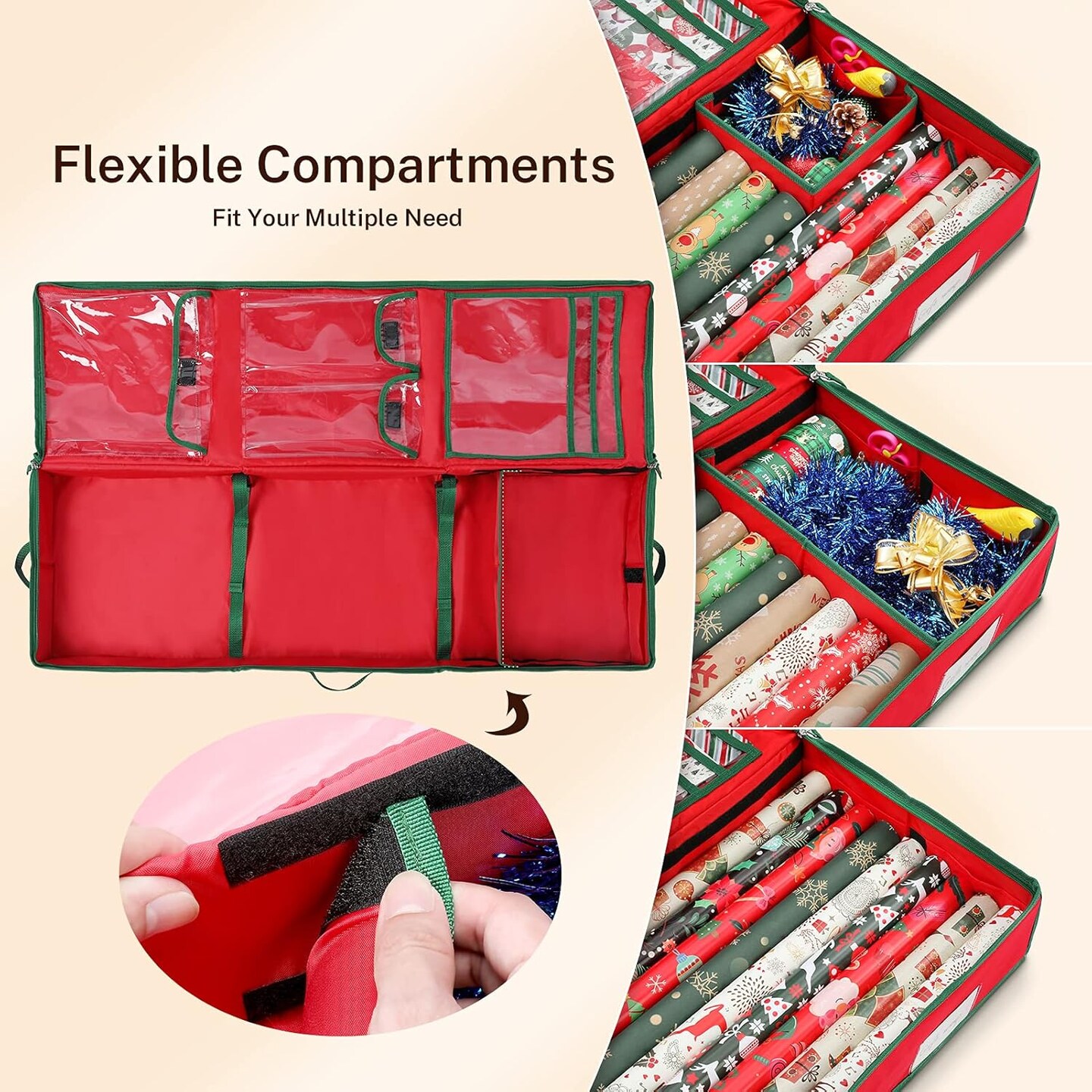 Christmas Wrapping Paper Storage Bag, 42 inch Gift Wrap Organizer Underbed Storage Box Container 600d Oxford Fabric Wrapping Paper Holder for Storing Rolls, Ribbons, Bows 42L x 14W x 5.5H