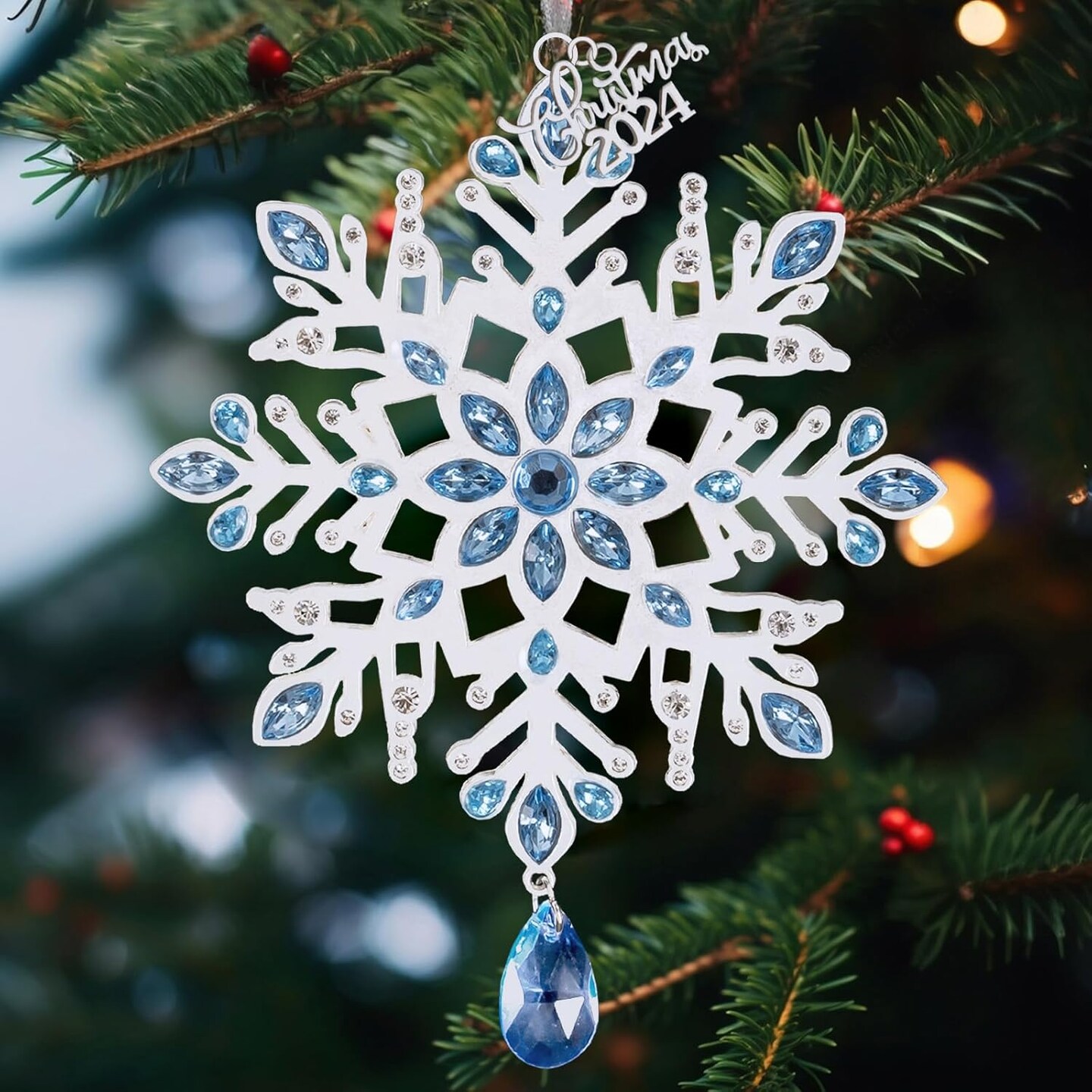 Snowflake Christmas Tree Ornaments, Metal Snowflake Hanging Ornament for Tree with Decorative Blue Crystals Christmas 2024 Engraved for Winter Xmas Tree Snowflake Keepsake Gifts Holiday Decoration