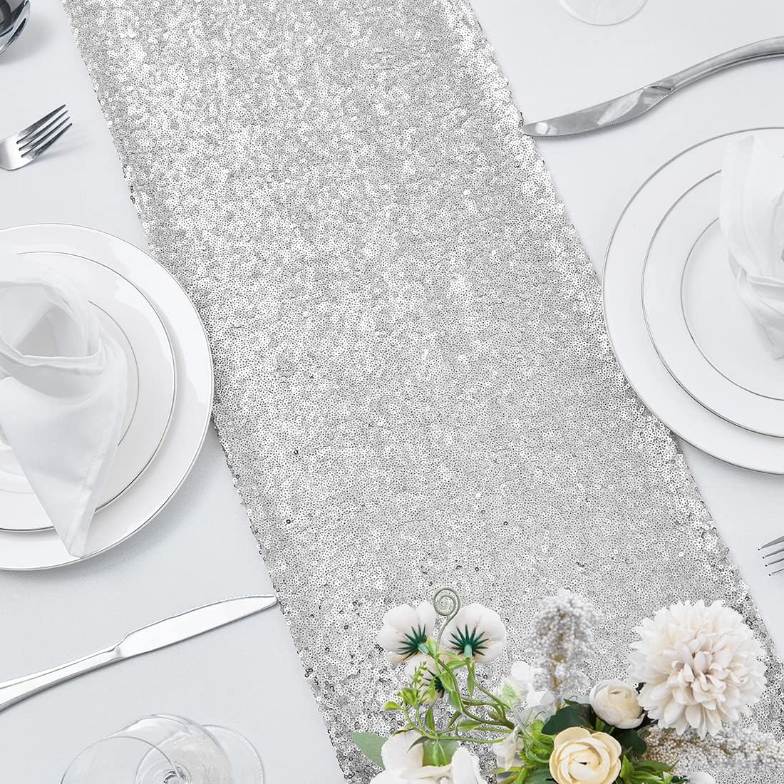 2 Packs 12 x 108 inches Silver Sequin Table Runner, Glitter Silver Table Runner for Wedding Birthday Bachelorette Holiday Party Supplies Decorations Bridal Shower Baby Shower