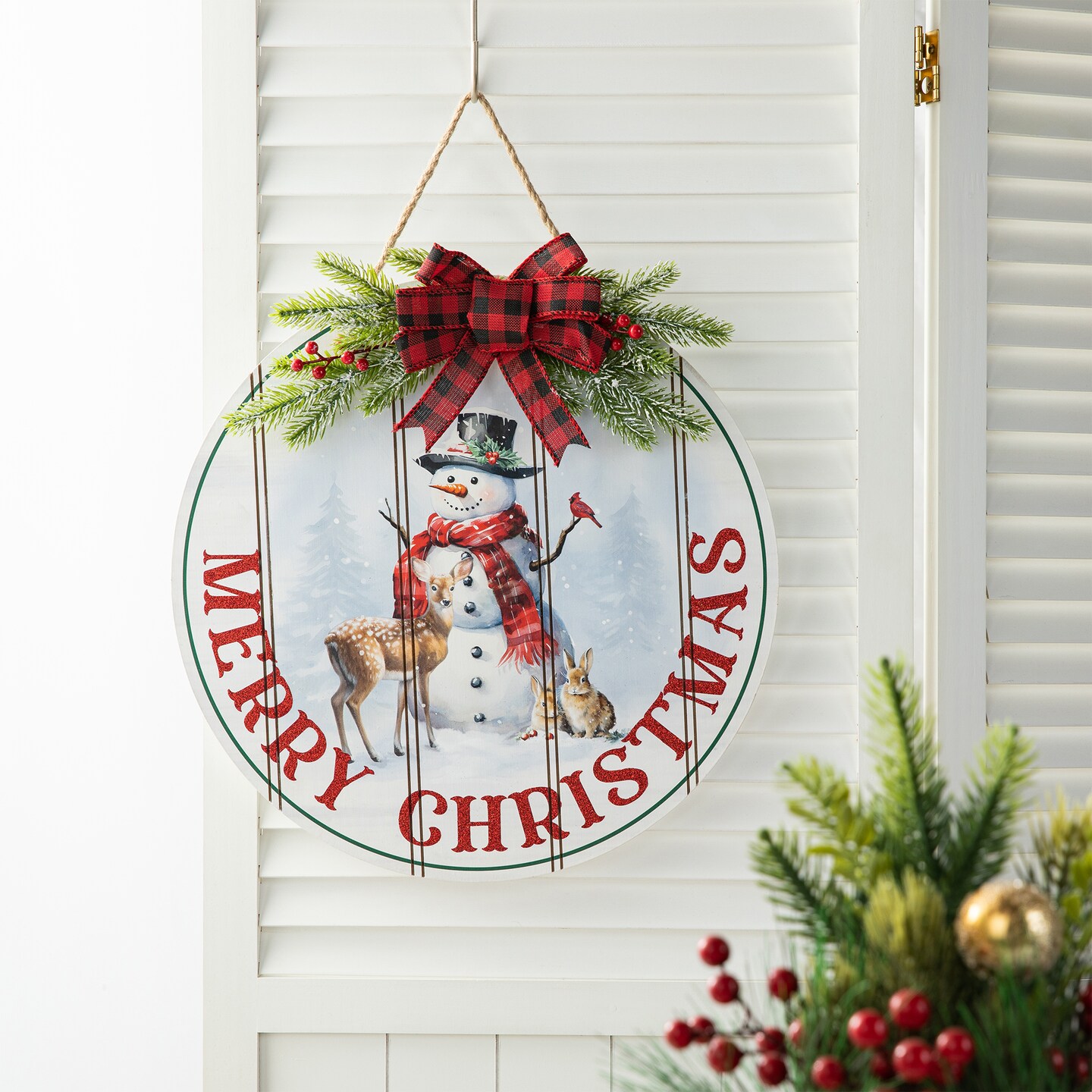 15&#x22;D Wooden Christmas Round Word Sign Door Hanger