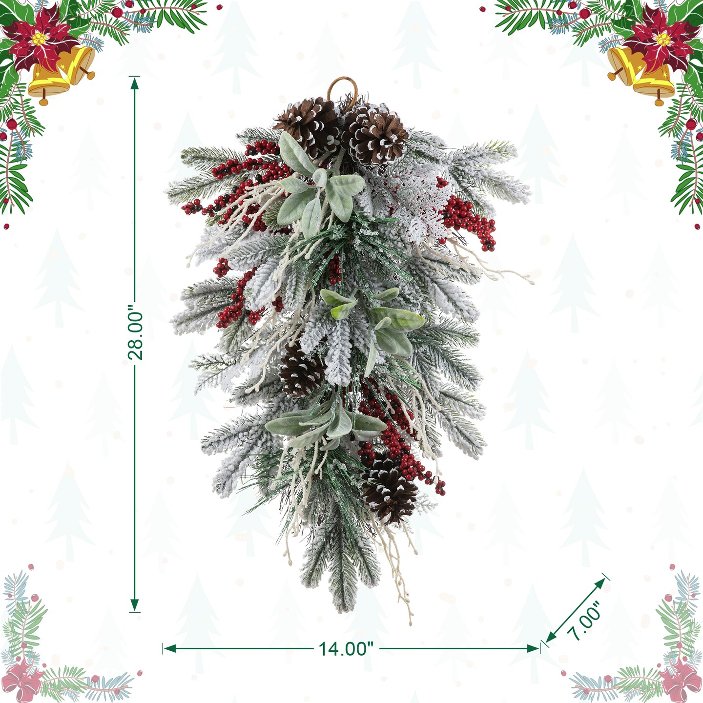 Christmas Flocked Pinecone & Berry 24"D Wreath & 28"H Teardrop