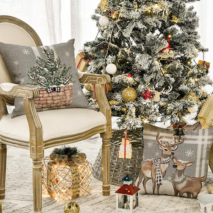 Christmas Tree Reindeer Truck Stripes Gray Throw Pillow Covers, 18 x 18 Inch Winter Holiday Cushion Case Decoration for Sofa Couch Set of 4