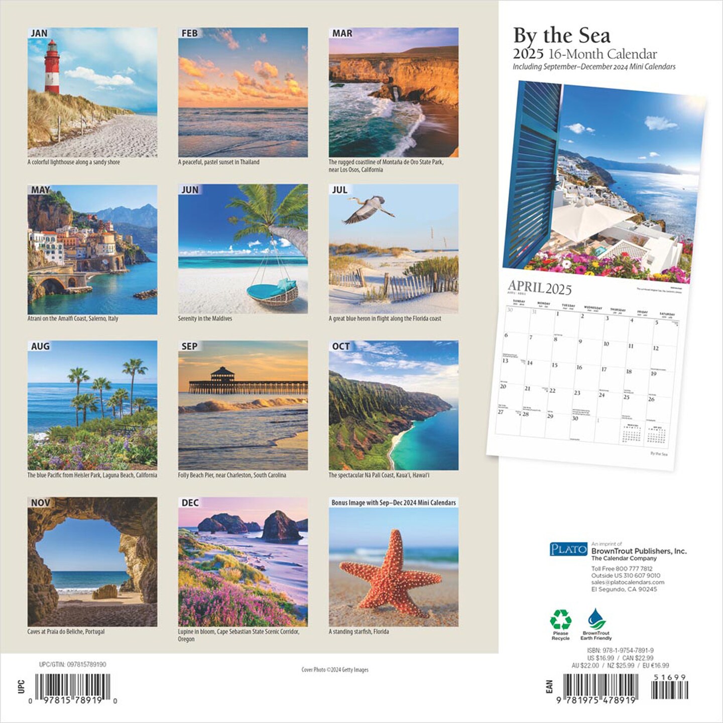 By the Sea | 2025 12 x 24 Inch Monthly Square Wall Calendar | Foil Stamped Cover | Plato | Waves Sun Clear Blue Sky