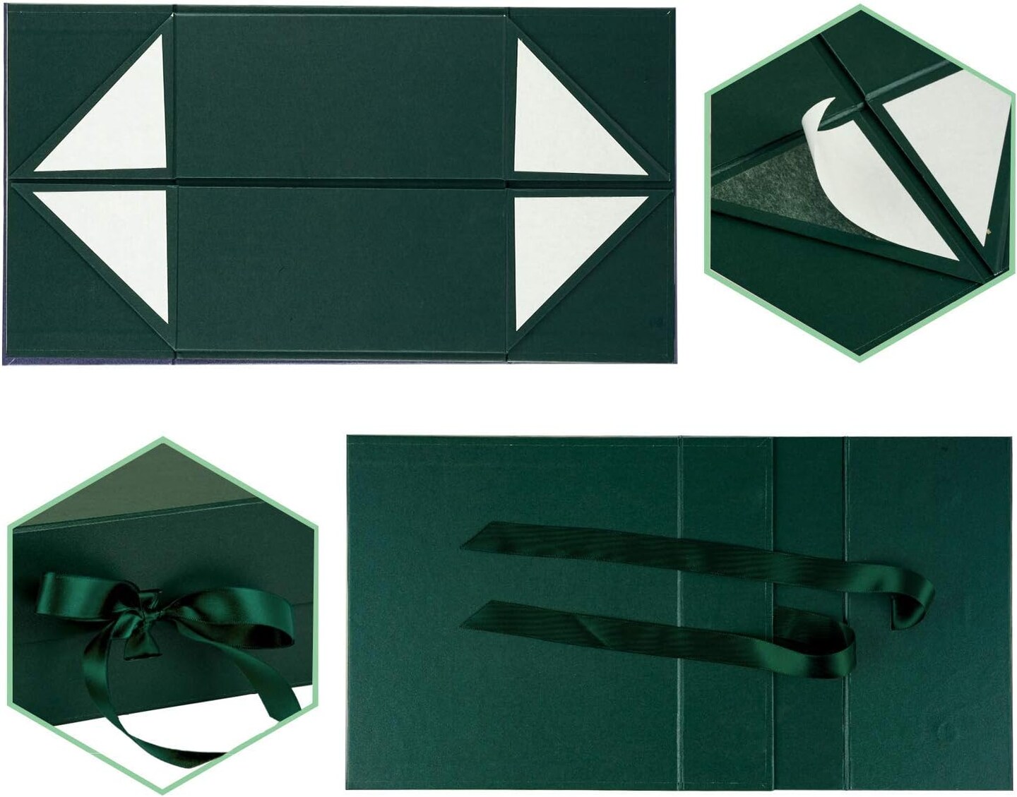 2Pcs Green Gift Box with Satin Ribbon, 8x8x4 Inches Collapsible Gift Box with Magnetic Closure for Party, Wedding, Gift Wrap, Bridesmaid Proposal, Storage