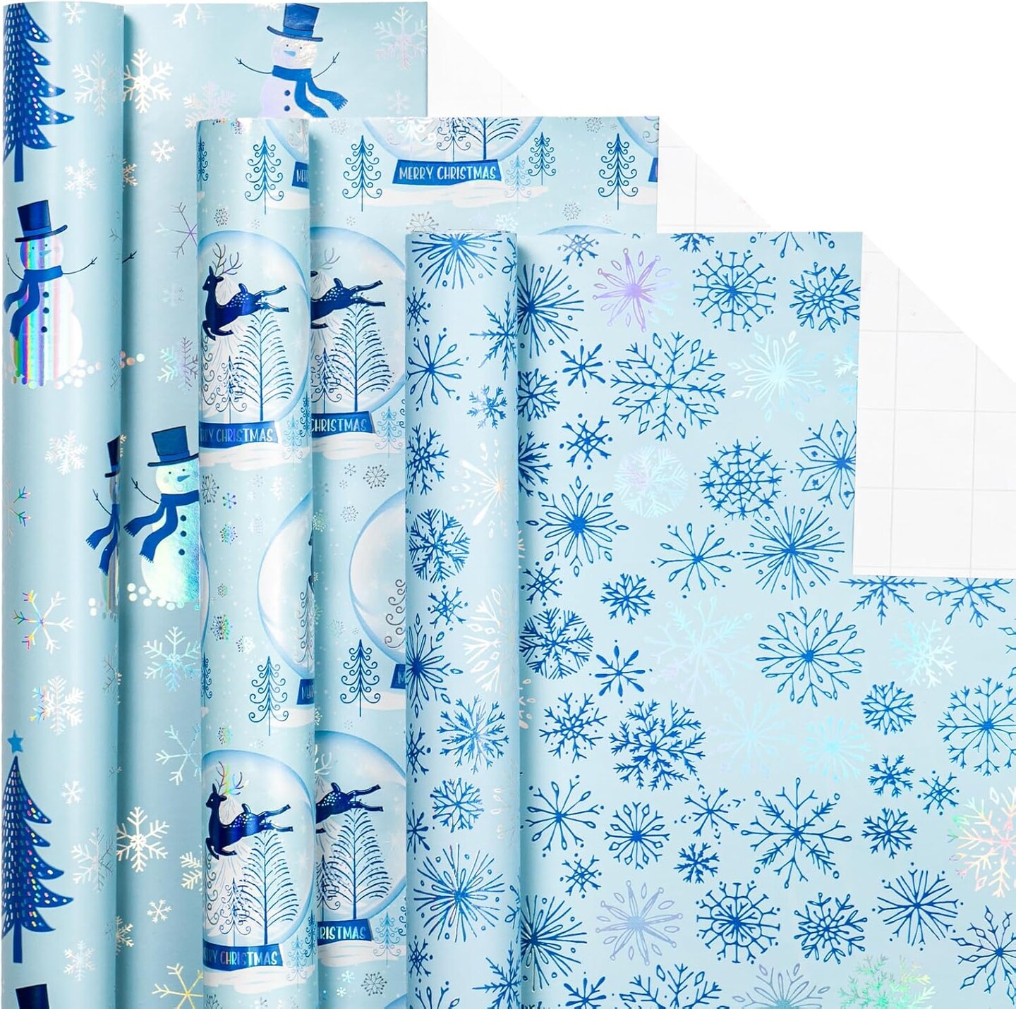Blue Christmas Wrapping Paper - Mini Roll with Metallic Foil - Snowman/Crystal Ball/Snowflake for Gift Wrap, DIY Craft - 17 x 120 inches - 3 Rolls (42.5 sq.ft.ttl.)