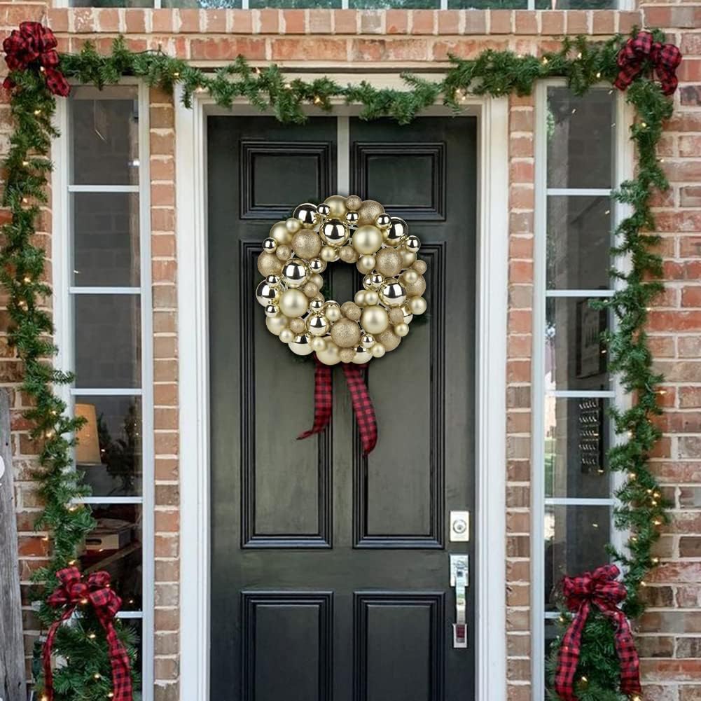 Christmas Ball Wreath 13&#x22; Xmas Wreaths Ornaments Glitter Thicken Shatterproof Garland Decoration for Door Wall Mantel Holiday Party Decor, Gold