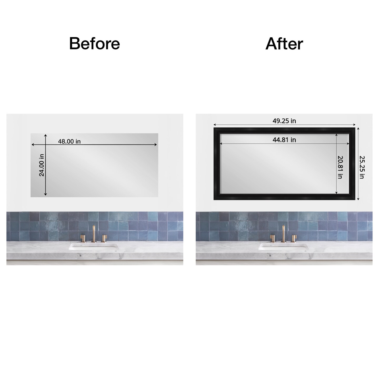 Amanti Art Mirror Makeover Bathroom Mirror Frame Border Kit - Fully Assembled Peel and Stick Frame - Mirror NOT Included - Grand Black Narrow Trim